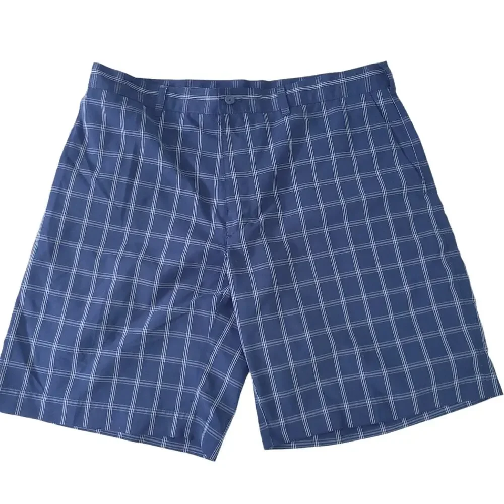 PGA Tour Golf Shorts Size 36 Blue White Plaid Flat Front Athletic Casual Shorts
